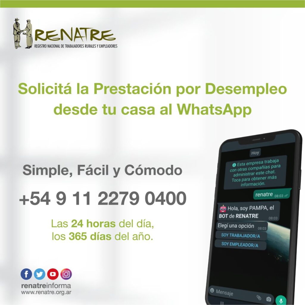 Trabajadores rurales pueden solicitar la prestación por desempleo del RENATRE por WhatsApp