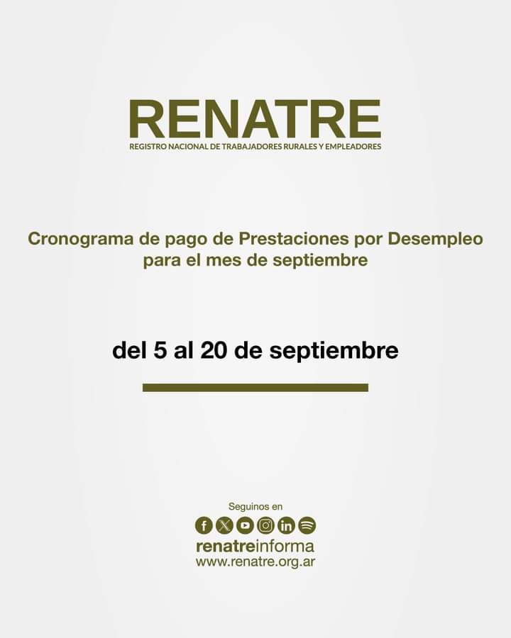 Renatre realizará los pagos por prestación por desempleo del 5 al 20 de septiembre.