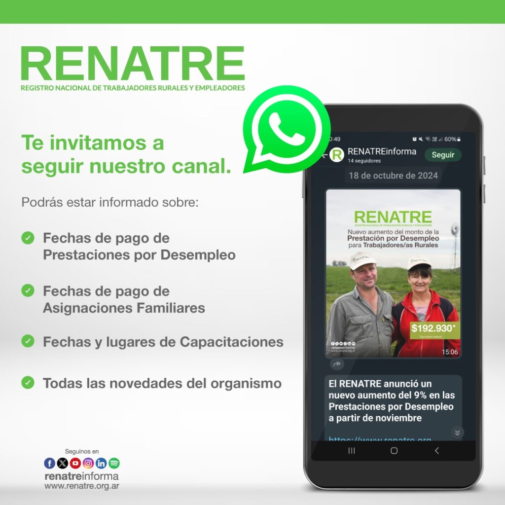 El RENATRE lanzó un nuevo canal de WhatsApp para los trabajadores rurales