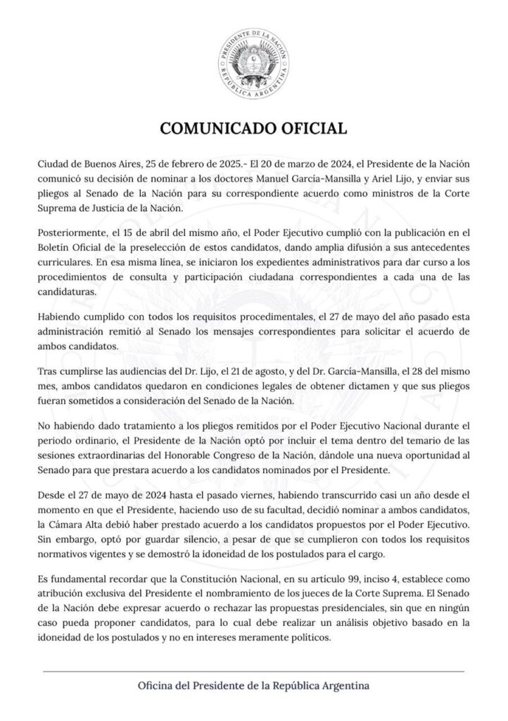 «Milei impone su justicia: nombra por decreto a dos jueces de la Corte y desata una tormenta política»