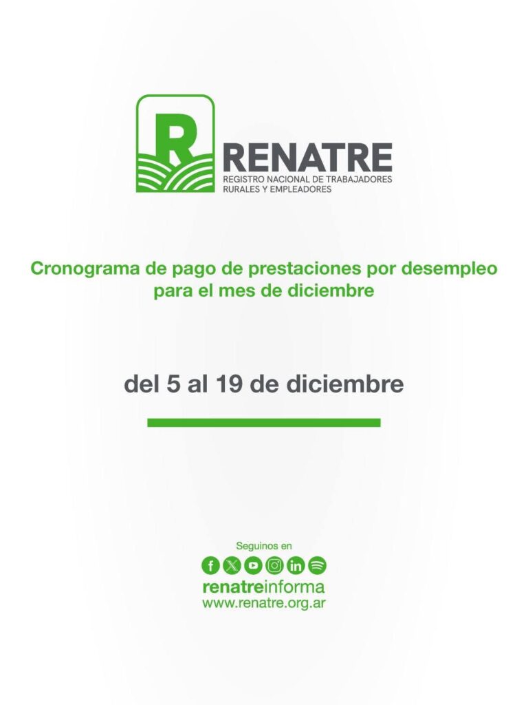 El RENATRE realizará los pagos de la prestación por desempleo del 5 al 19 de diciembre